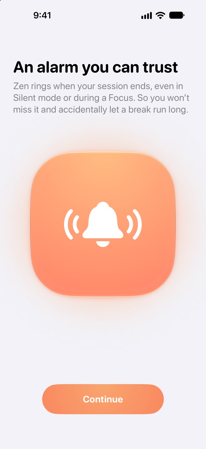 Zen’s welcome screen titled “An alarm you can trust”, with a ringing bell.