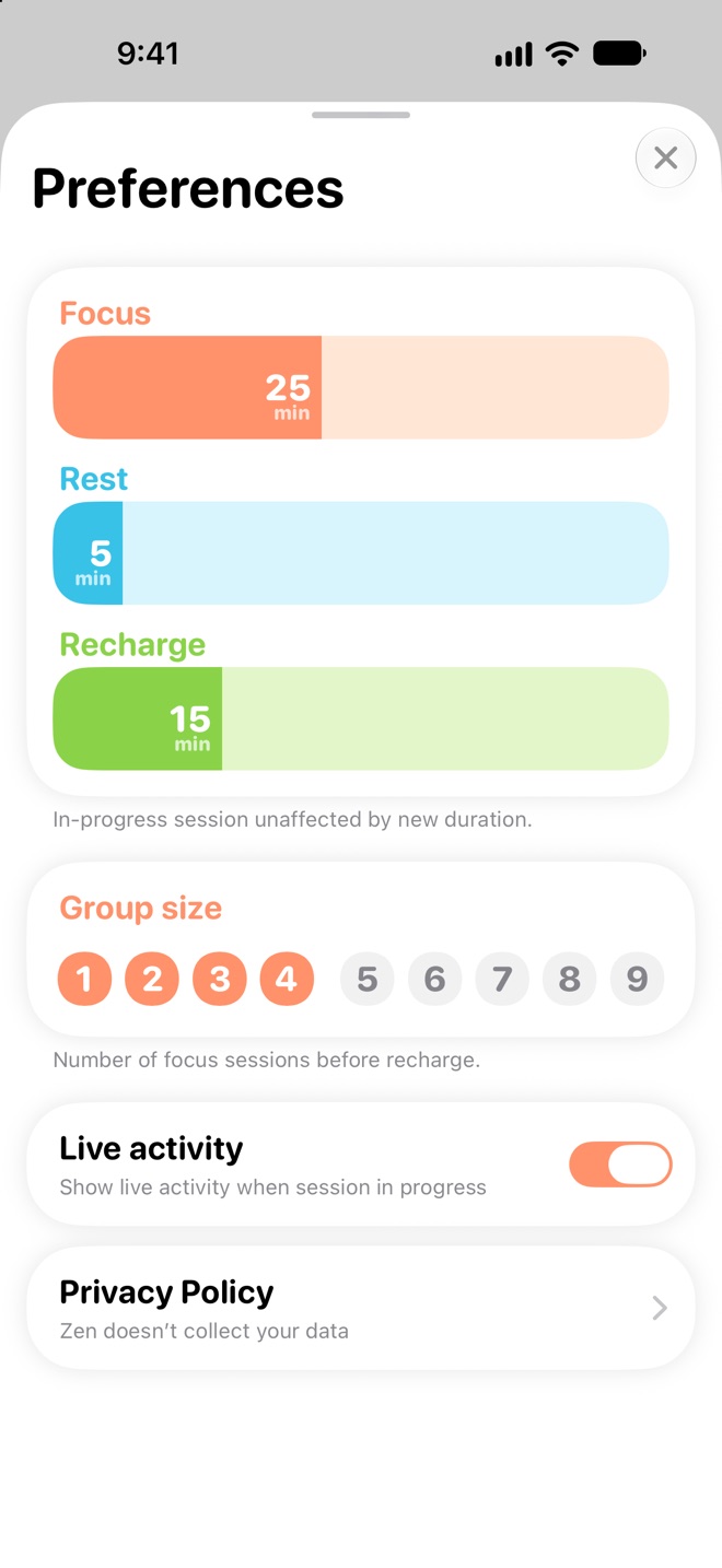 Zen’s Preferences: sliders for Focus, Rest and Recharge, the group size, and the Live Activity setting.